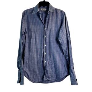 paul fredrick button down shirt size 14.5 x 34 blue checked plaid cotton